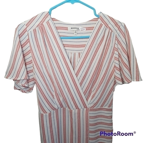 Monteau Faux Wrap Striped Short Sleeved Midi Dress With Tie Belt - Picture 2 of 10